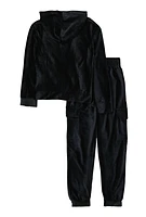 Girls Ribbed Velour Zip Front Hoodie and Joggers, Black,