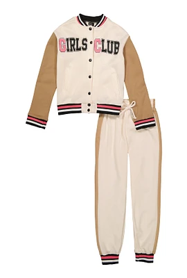 Girls Color Block Girls Club Graphic Varsity Jacket and Joggers, Beige, Size 10-12