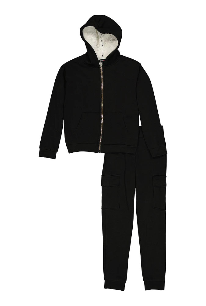 Girls Sherpa Lined Zip Front Hoodie and Cargo Joggers, Black, Size 7-8