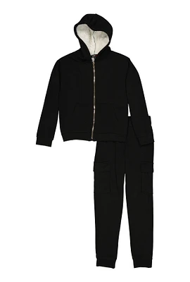 Girls Sherpa Lined Zip Front Hoodie and Cargo Joggers, Black, Size 7-8