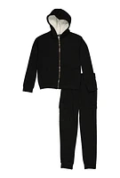 Girls Sherpa Lined Zip Front Hoodie and Cargo Joggers, Black, Size 7-8