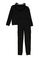 Girls Sherpa Lined Zip Front Hoodie and Cargo Joggers, Black, Size 7-8