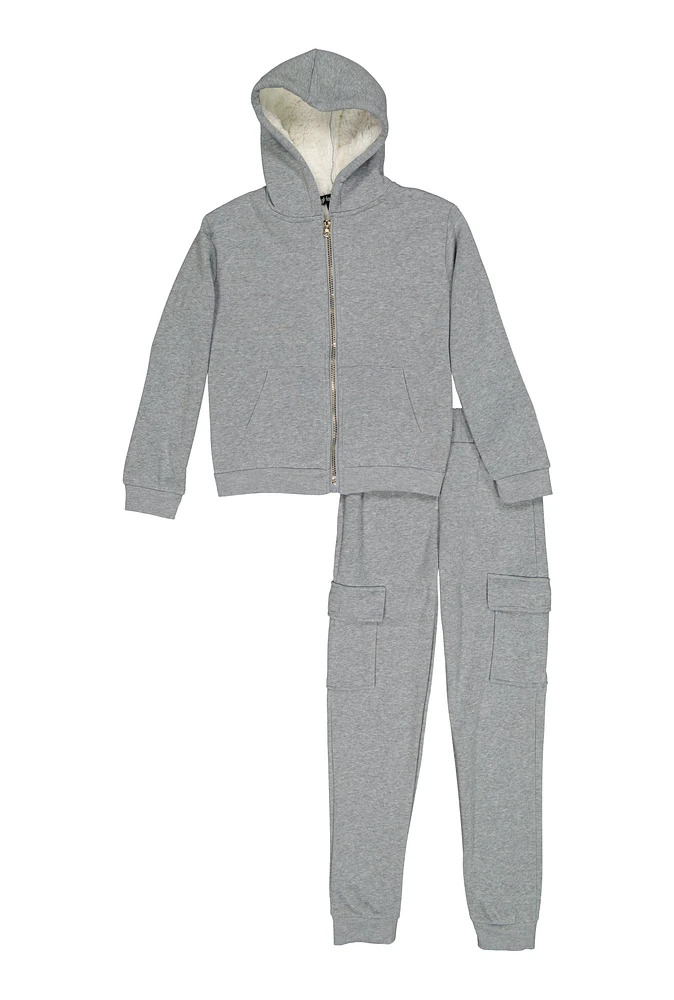 Girls Sherpa Lined Zip Front Hoodie and Cargo Joggers, Grey, Size 7-8