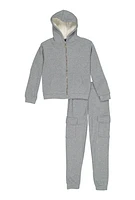 Girls Sherpa Lined Zip Front Hoodie and Cargo Joggers, Grey, Size 7-8