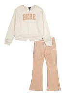 Girls Bebe Pullover Sweatshirt and Velour Pants, Beige, Size 10-12