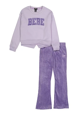 Girls Bebe Pullover Sweatshirt and Velour Pants, Purple, Size 7-8