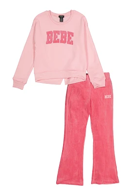 Girls Bebe Pullover Sweatshirt and Velour Pants, Pink, Size 7-8