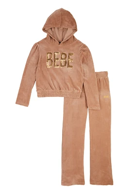 Girls Bebe Velour Sequin Pullover Hoodie and Pants, Brown, Size 7-8