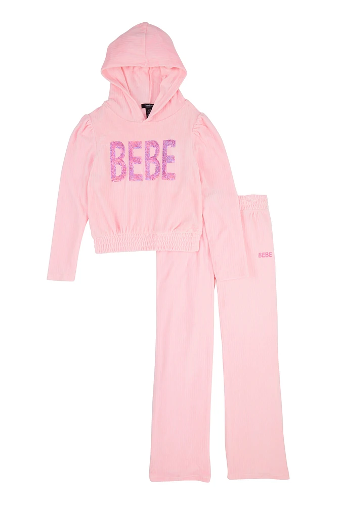 Girls Bebe Velour Sequin Pullover Hoodie and Pants, Pink, Size 10-12