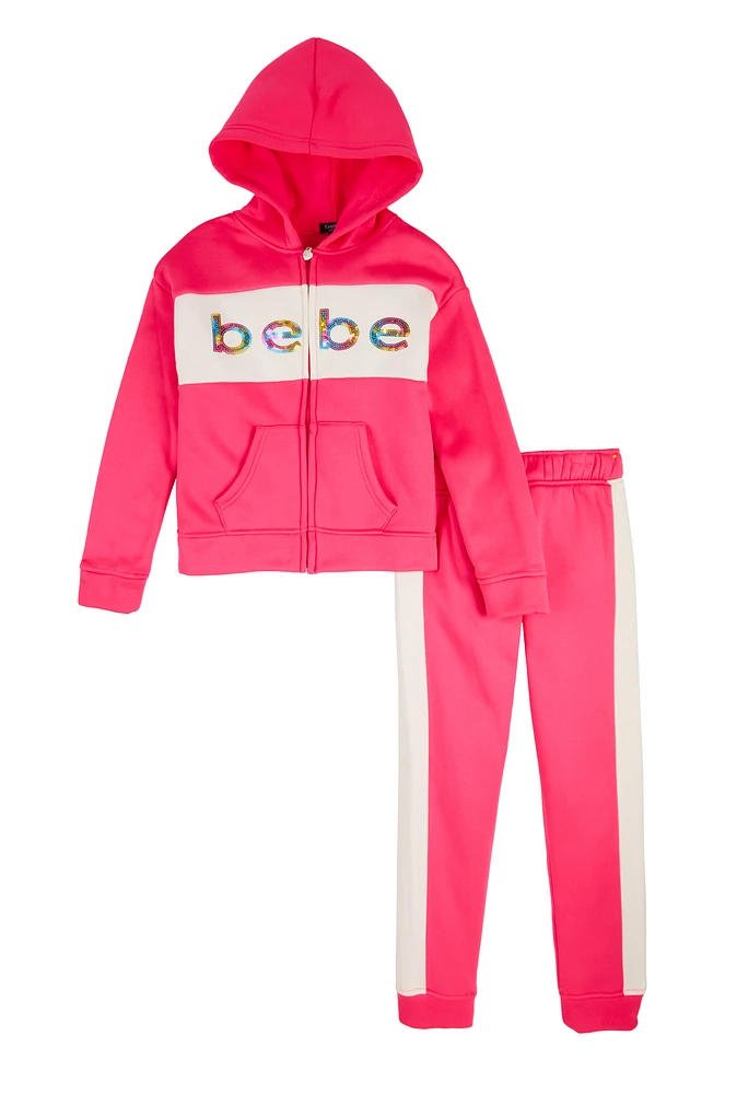 Girls Bebe Sequin Logo Zip Front Hoodie and Joggers, Pink, Size 7-8