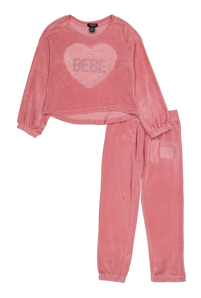 Girls Bebe Velour Rhinestone Heart Top and Joggers, Pink,