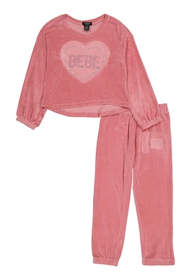 Girls Bebe Velour Rhinestone Heart Top and Joggers, Pink, Size 10-12