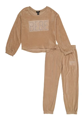 Girls Velour Bebe Rhinestone Top and Joggers, Brown, Size 10-12