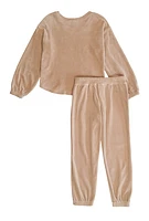 Girls Velour Bebe Rhinestone Top and Joggers, Brown, Size 7-8