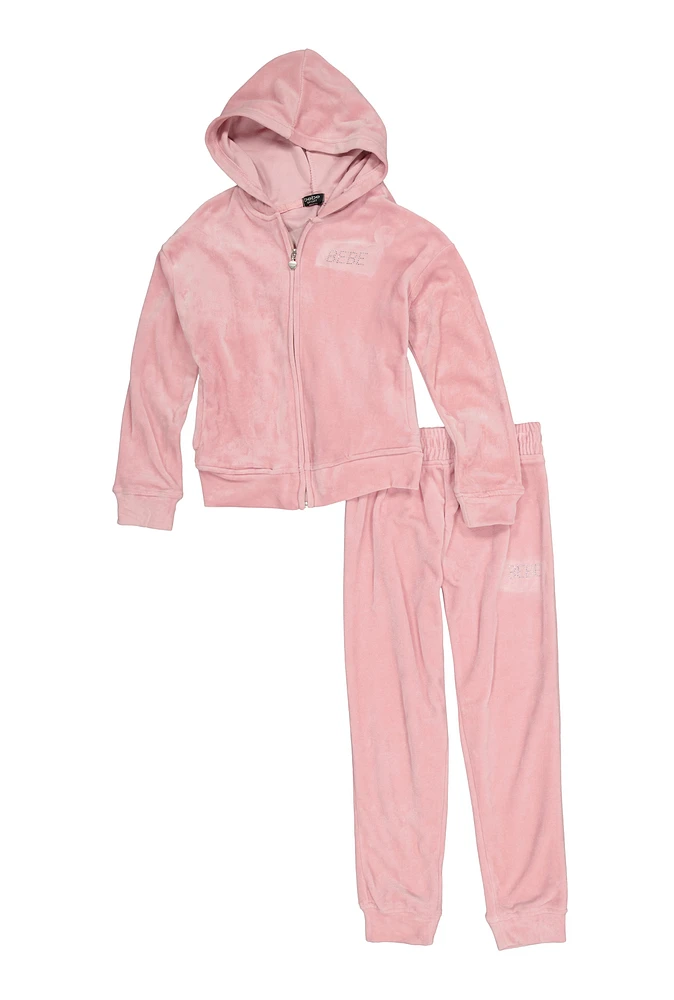 Girls Bebe Rhinestone Logo Zip Front Hoodie and Joggers, Pink, Size 7-8