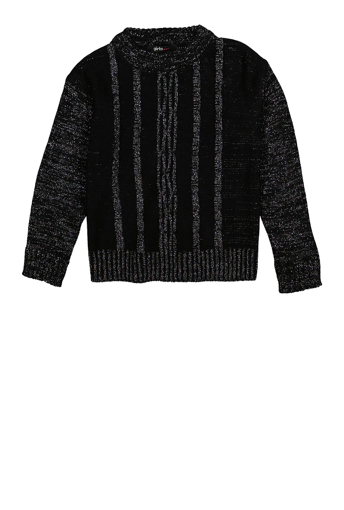 Little Girls Cable Knit Crew Neck Sweater, Black, Size 5-6
