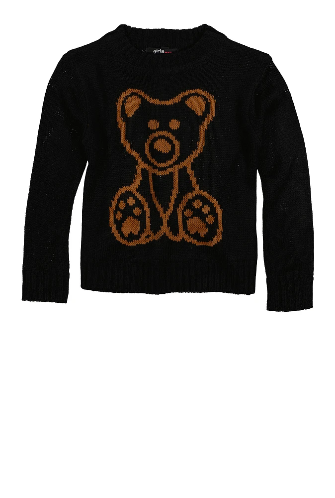 Little Girls Bear Graphic Pullover Sweater, Black, Size 5-6