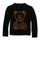 Little Girls Bear Graphic Pullover Sweater, Black, Size 5-6