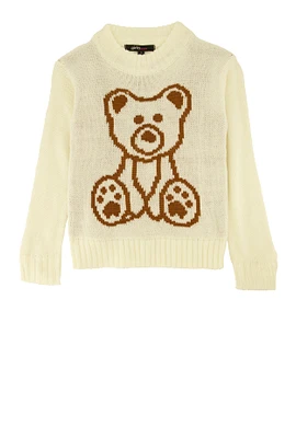 Little Girls Bear Graphic Pullover Sweater, White, Size 5-6