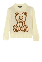 Little Girls Bear Graphic Pullover Sweater, White, Size 5-6