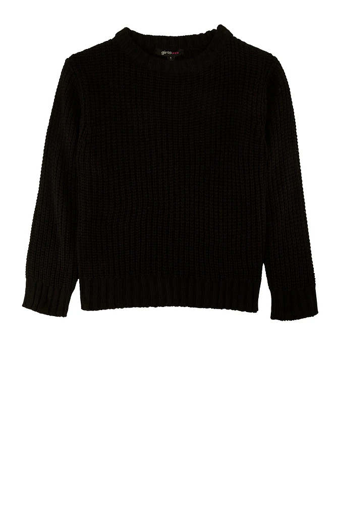 Little Girls Knit Crew Neck Pullover Sweater, Black, Size 4