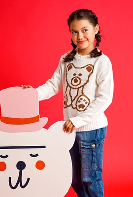 Girls Bear Graphic Pullover Sweater, White, Size 14-16