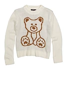 Girls Bear Graphic Pullover Sweater, White, Size 14-16