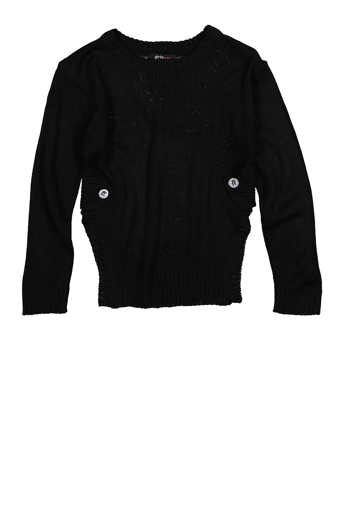 Girls Side Slit Hem Crew Neck Sweater, Black, Size 10-12