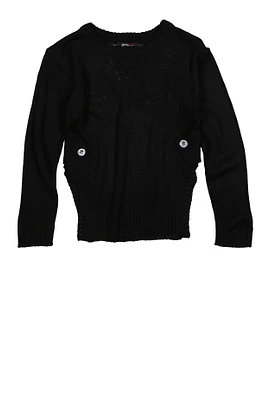 Girls Side Slit Hem Crew Neck Sweater, Black, Size 10-12