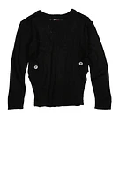 Girls Side Slit Hem Crew Neck Sweater, Black, Size 10-12