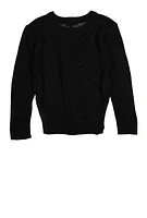 Girls Side Slit Hem Crew Neck Sweater, Black, Size 10-12