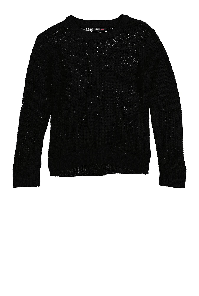 Girls Knitted Crew Neck Sweater, Black, Size 7-8