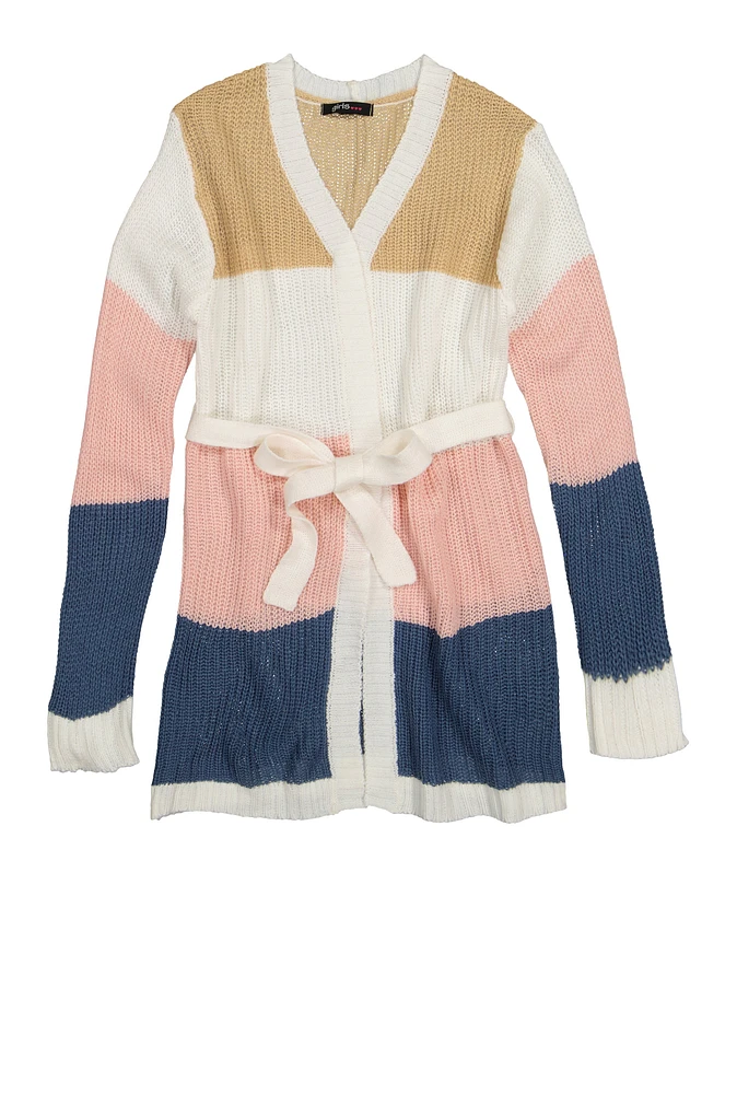 Girls Tie Waist Belted Long Cardigan, Multi, Size 10-12