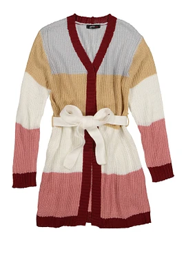 Girls Tie Waist Belted Long Cardigan, Multi, Size 7-8