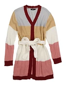 Girls Tie Waist Belted Long Cardigan, Multi,