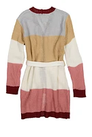 Girls Tie Waist Belted Long Cardigan, Multi,