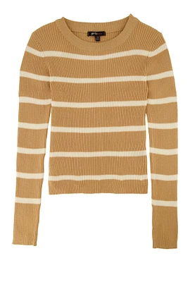 Girls Stripped Crew Neck Sweater, Brown, Size 10-12