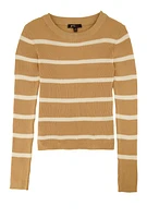 Girls Stripped Crew Neck Sweater, Brown, Size 10-12