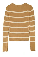 Girls Stripped Crew Neck Sweater, Brown, Size 10-12