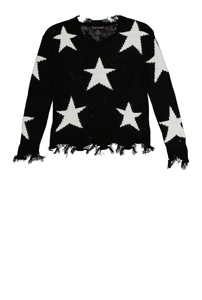 Girls Distressed Star Print Sweater, Black, Size 10-12