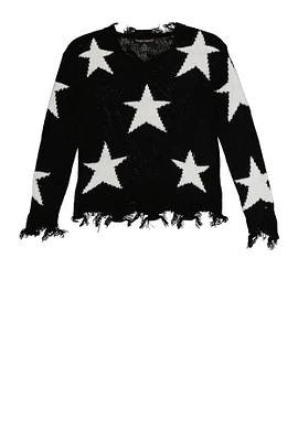 Girls Distressed Star Print Sweater, Black, Size 10-12