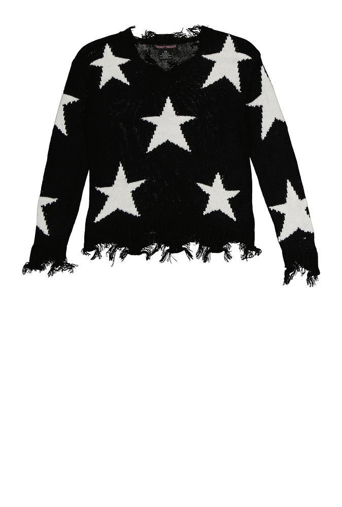 Girls Distressed Star Print Sweater, 10-12