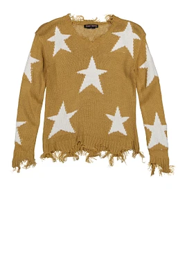 Girls Distressed Star Print Sweater, Brown, Size 10-12