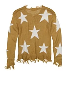 Girls Distressed Star Print Sweater, Brown, Size 10-12