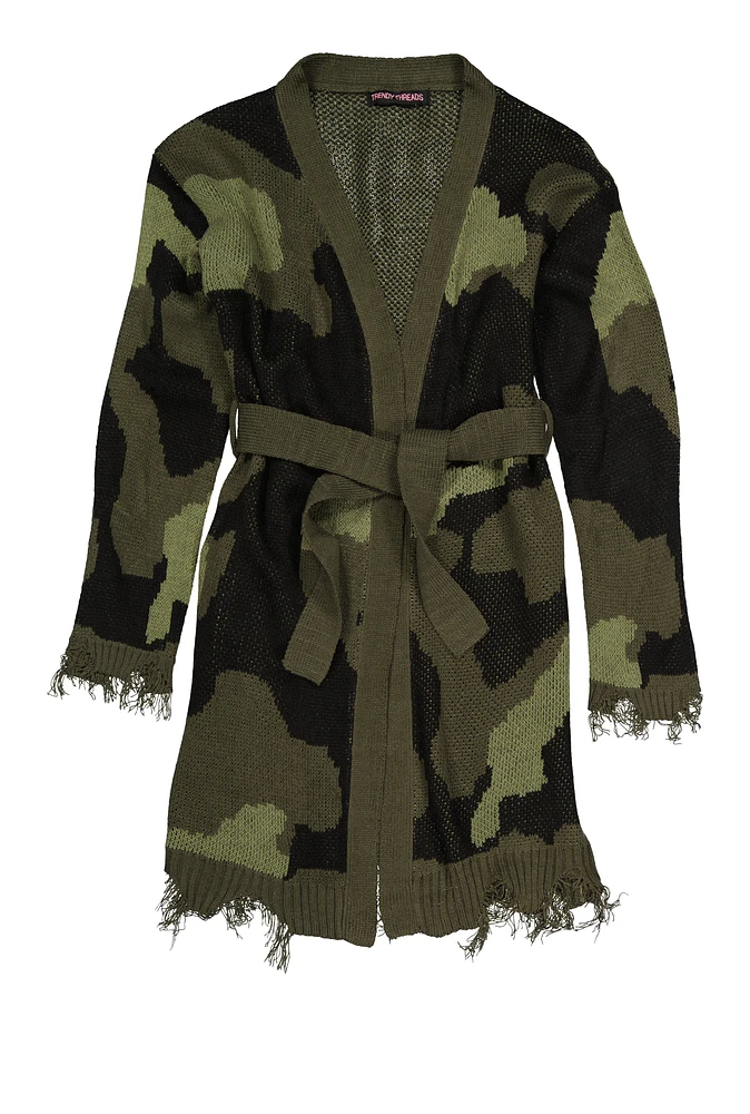 Girls Camo Tie Waist Belted Cardigan, Green,