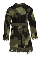 Girls Camo Tie Waist Belted Cardigan, Green,