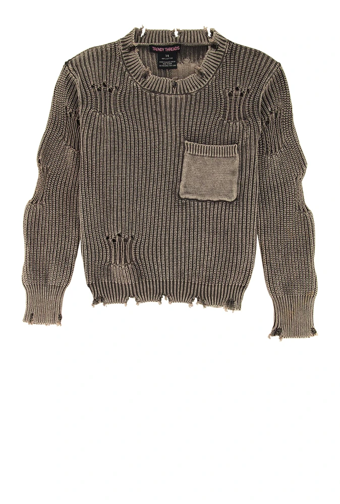 Girls Acid Wash Distressed Pocket Sweater, Grey, Size 14-16