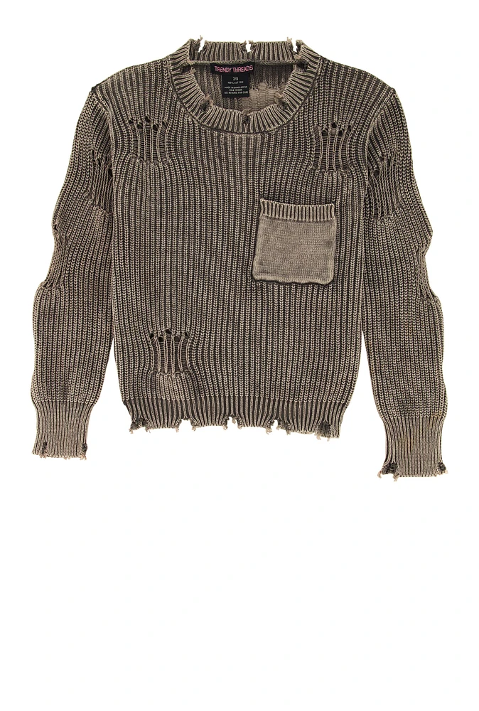 Girls Acid Wash Distressed Pocket Sweater, Grey, Size 10-12