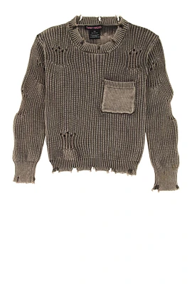 Girls Acid Wash Distressed Pocket Sweater, Grey, Size 10-12