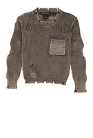 Girls Acid Wash Distressed Pocket Sweater, Grey, Size 10-12